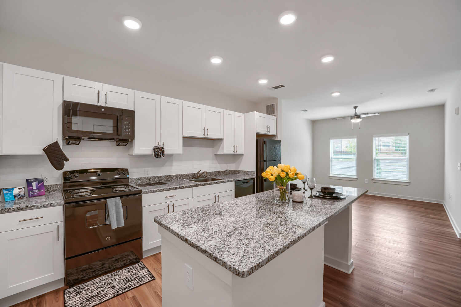 Kitchen with living room in the background 