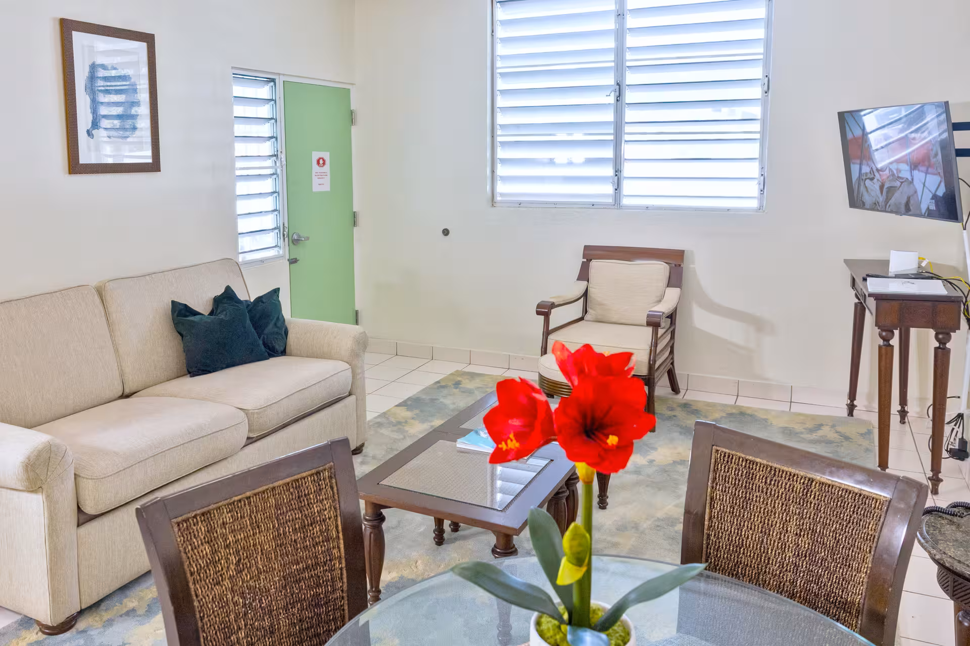 Bright living room with beige sofa, armchair, glass table with red flowers, green door, and mounted TV.