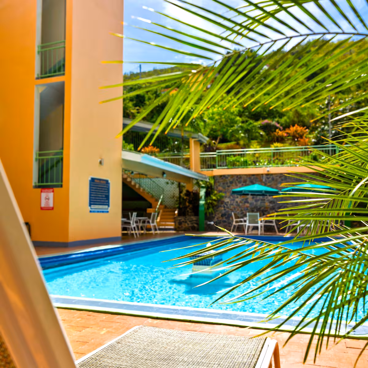 Sunlit outdoor swimming pool with lounge chairs, green umbrellas, and yellow building surrounded by lush greenery.