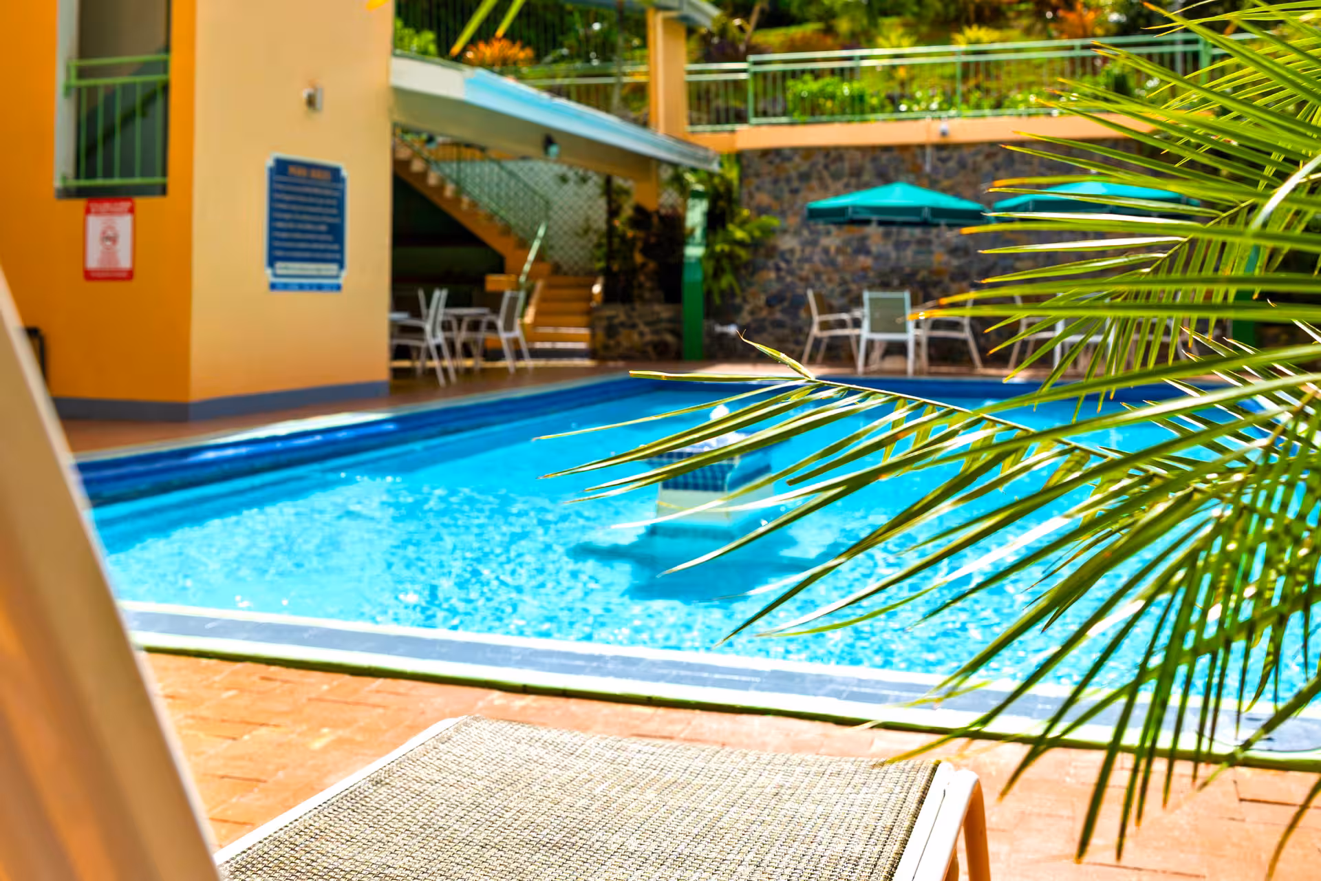 Bright outdoor swimming pool with lounge chairs, green umbrellas, and tropical plants.