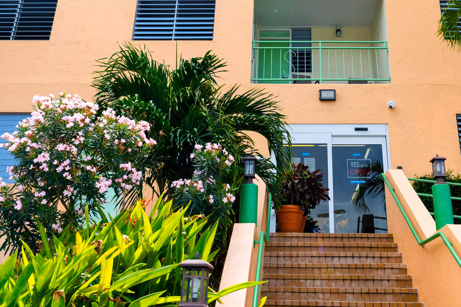 Stairway leading to a glass door entrance of a peach-colored building with green railings and tropical plants on the side.