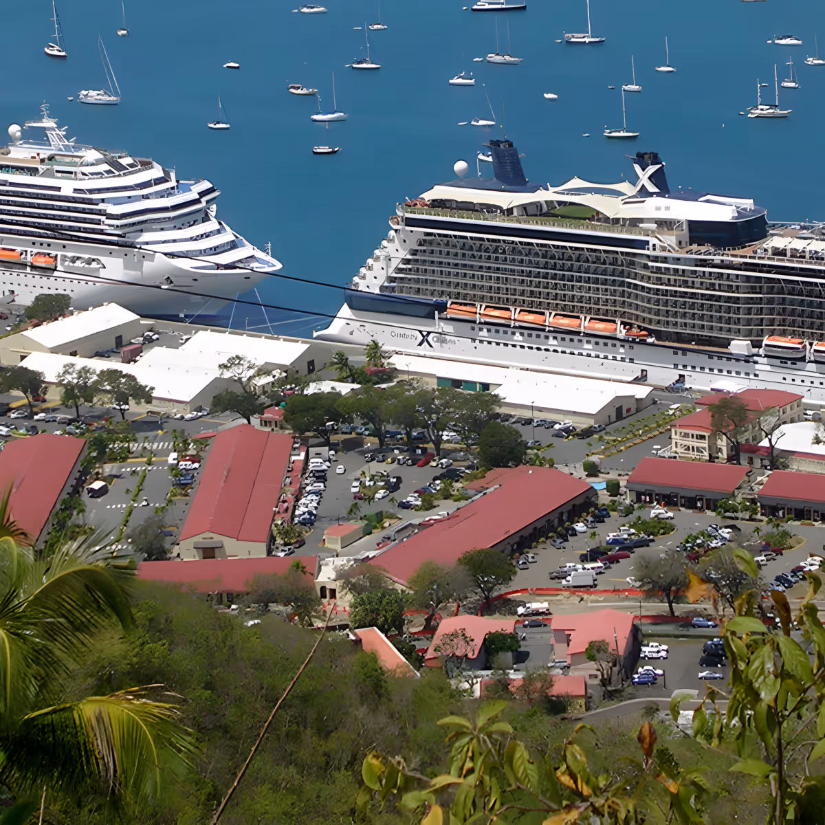Aerial view of two large cruise ships docked at a port with red-roofed buildings and parking lots surrounded by greenery.