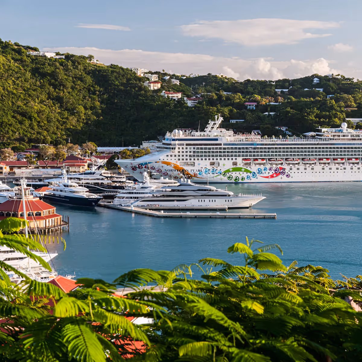 Large cruise ship and several yachts docked at a tropical harbor with green hills and buildings in the background.