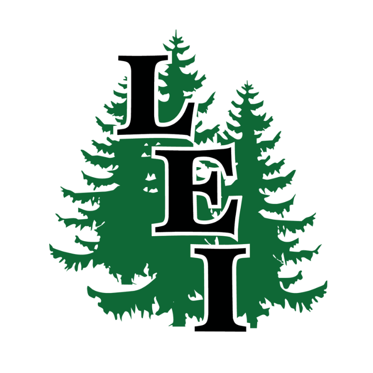 Three green pine trees behind stacked letters L, E, and I outlined in white.