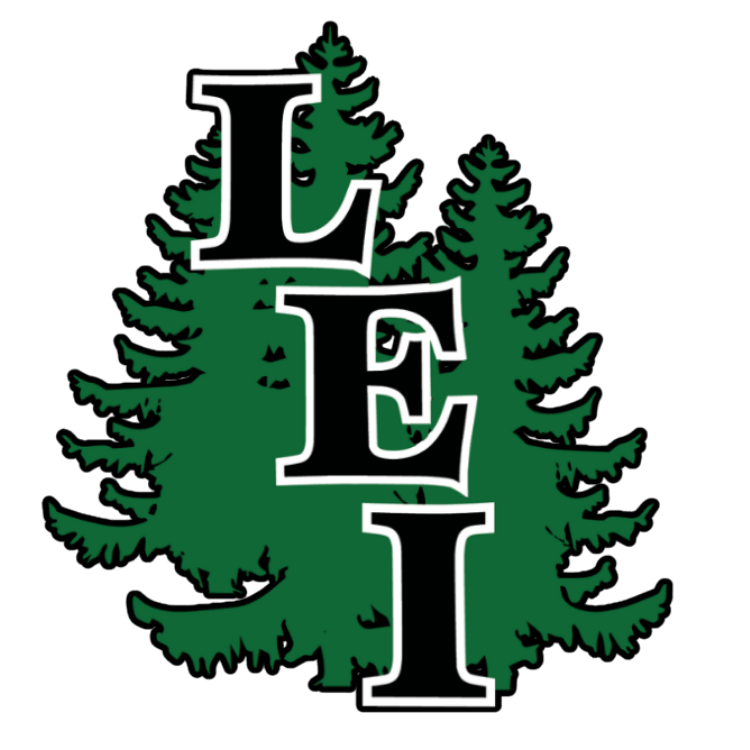 Three large green pine trees with letters L, E, I vertically over them on black background.