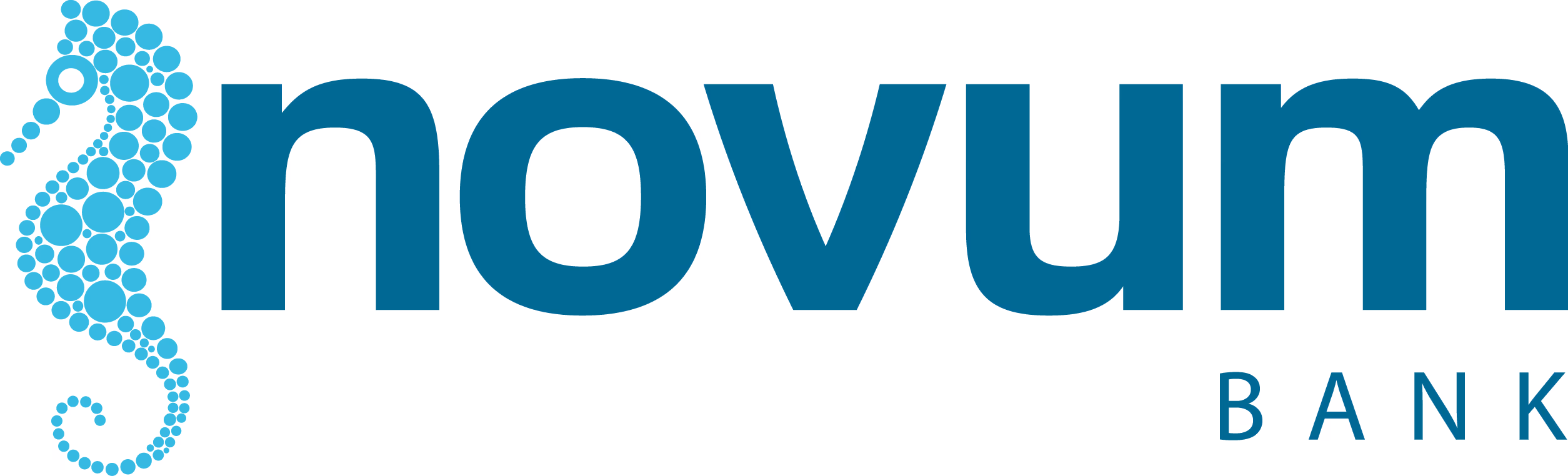 Logo of Novum Bank featuring a stylized seahorse made of blue circles beside the company name in bold blue letters.