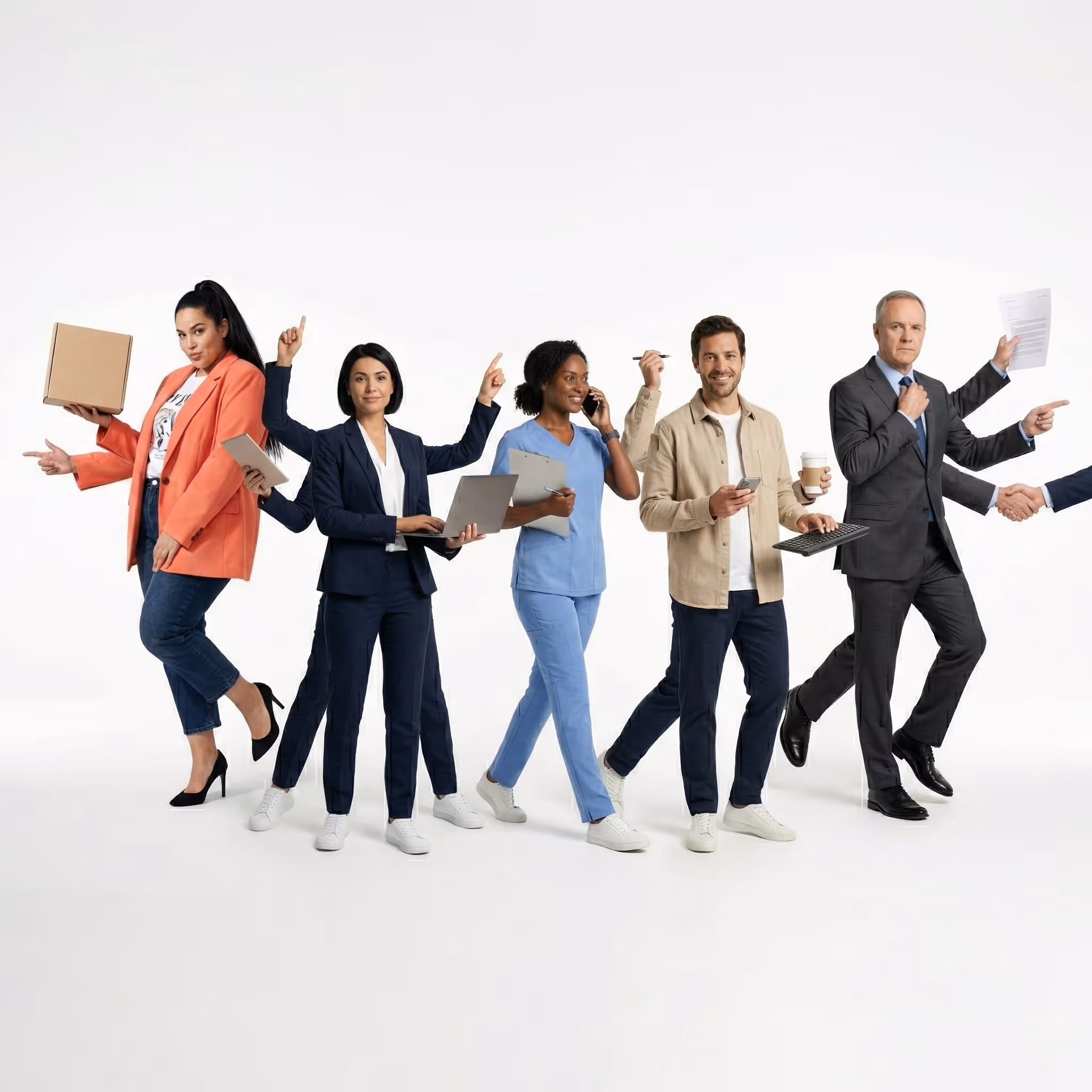 Six professionals in different work attire multitasking with laptops, phones, documents, and coffee, symbolizing diverse careers.