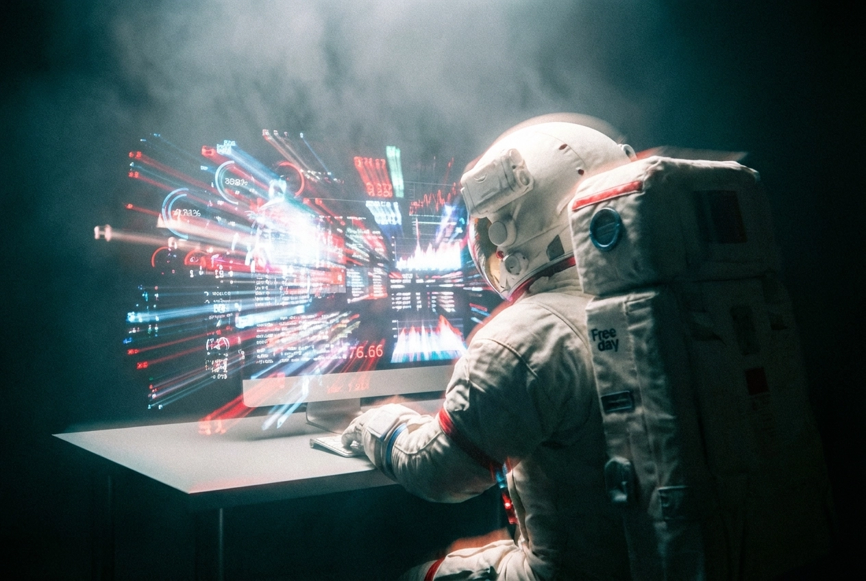 Astronaut in full suit sitting at a desk using a computer with holographic data projections in a dark, smoky environment.