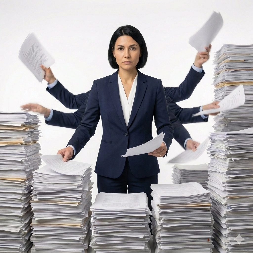 Woman in business suit managing large stacks of paperwork with multiple arms holding and sorting documents.