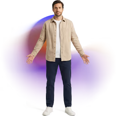 Freeday digitale medewerker man in casual beige jas met paarse gradient achtergrond