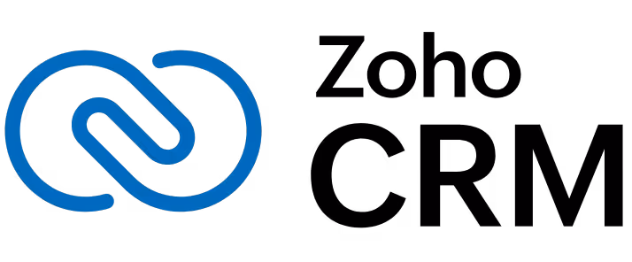 Zoho company logo featuring a blue circular linked chain icon to the left of the black text 'Zoho'.