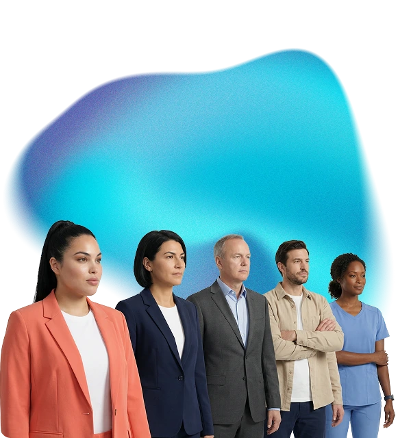 Divers team van vijf Freeday professionals met blauw gradient achtergrond