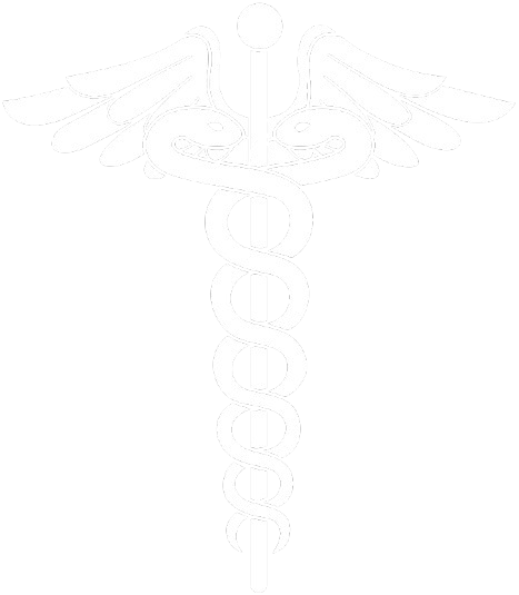 Black caduceus symbol with two snakes winding around a winged staff.
