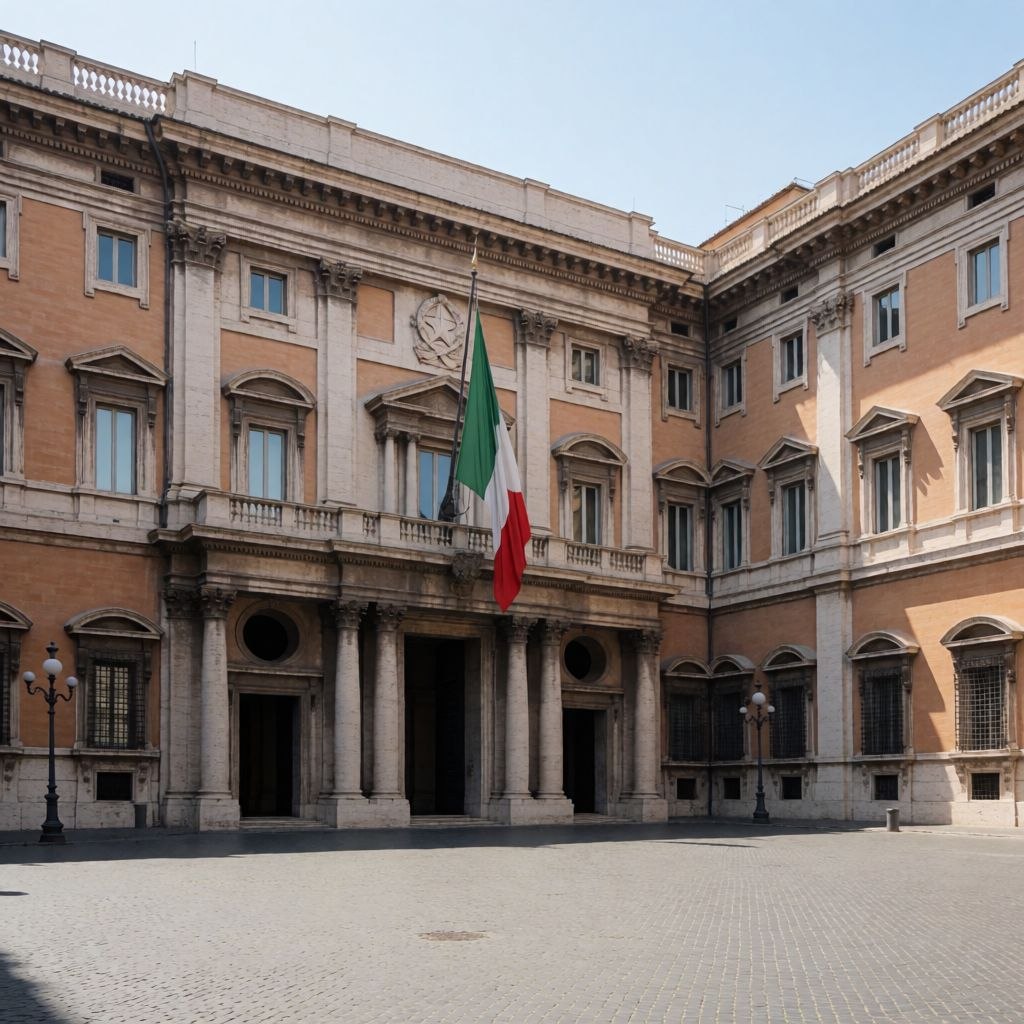 Facciata di un edificio storico con una bandiera italiana appesa al centro, colonne in pietra e finestre con cornici decorative, sotto un cielo sereno.