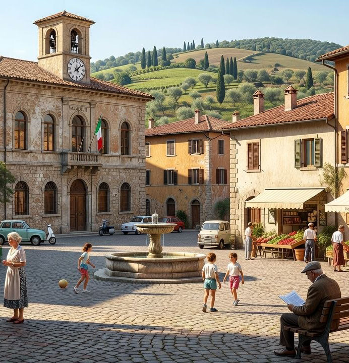 Piazza italiana con una fontana centrale, bambini che giocano, anziana che cammina e uomo seduto su una panchina che legge un giornale, circondata da edifici in pietra con finestre ad arco e tetti di tegole rosse, in uno scenario di colline con cipressi e ulivi.