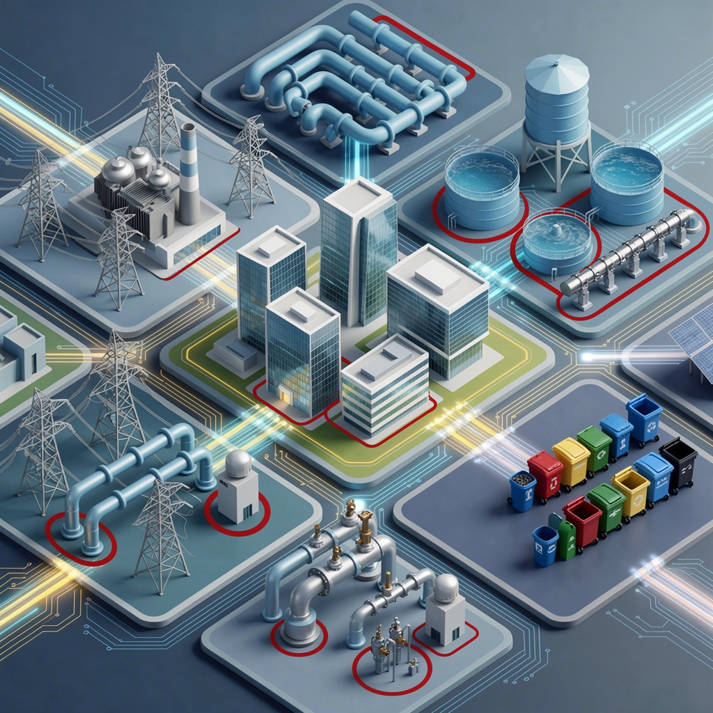Illustrazione 3D di una città intelligente con edifici moderni circondati da infrastrutture tecnologiche incluse centrali elettriche, serbatoi d'acqua, condotte e cassonetti per la raccolta differenziata di diversi colori, collegati da circuiti digitali luminosi.