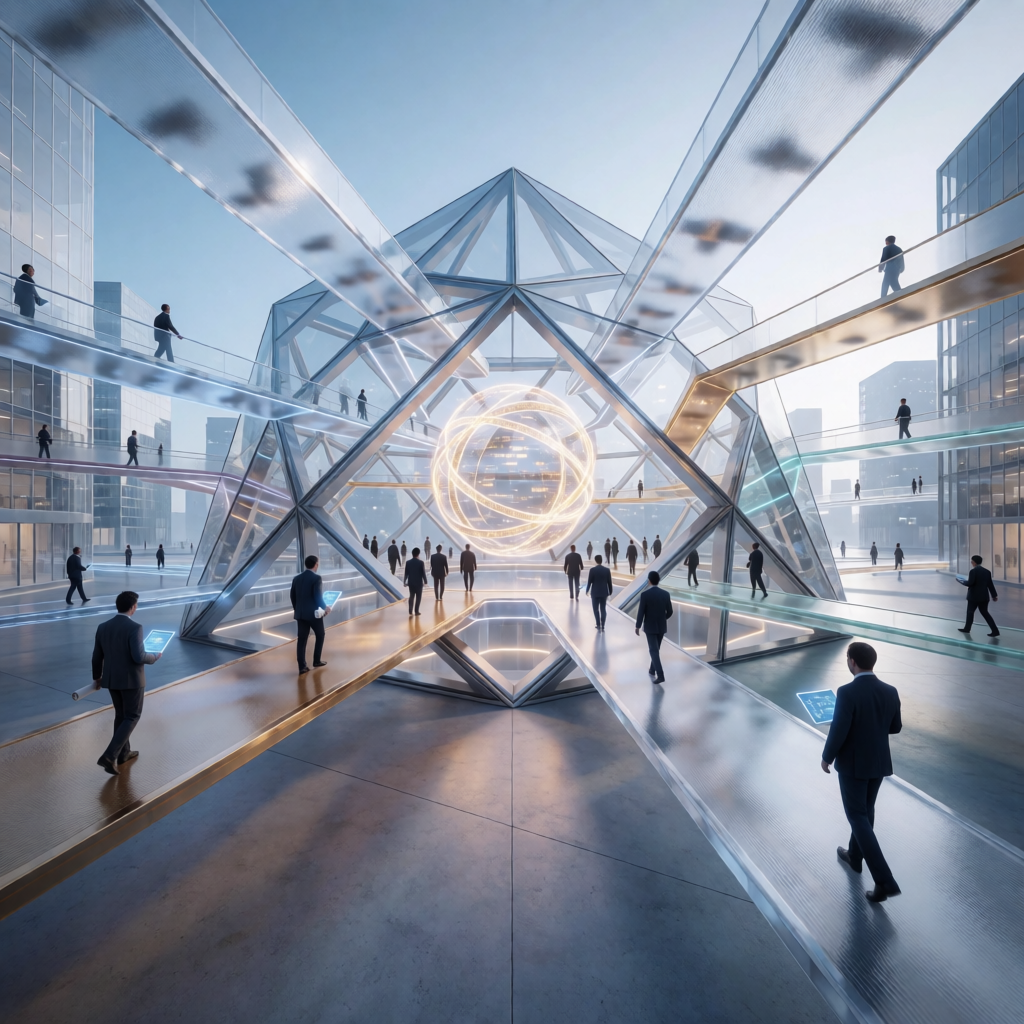 Interno di un edificio futuristico con numerose passerelle trasparenti disposte in diagonale e persone in abbigliamento formale che camminano e tengono tablet; al centro una struttura geometrica luminosa con sfere intrecciate circondata da vetri trasparenti e edifici moderni sullo sfondo.