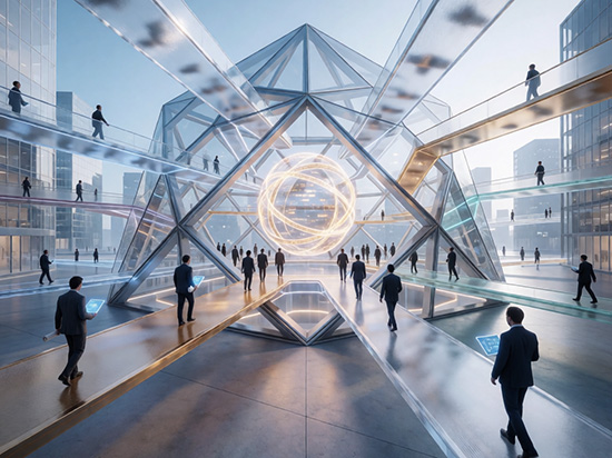 Interno futuristico di un edificio con passerelle trasparenti sopraelevate e figure umane in abiti formali che camminano tenendo tablet, al centro una grande struttura geometrica trasparente con un globo luminoso al suo interno.