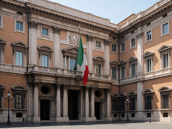 Edificio storico con facciata in pietra e mattoni color mattone con molti finestroni e colonne nella parte centrale, con la bandiera italiana esposta al centro sopra l'ingresso principale.