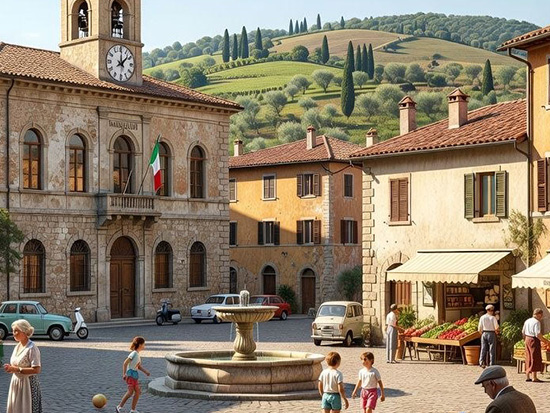 Piazza in un villaggio italiano con una fontana centrale, bambini che giocano a pallone e persone che passeggiano vicino a edifici in pietra e negozi con prodotti freschi, con colline verdi e cipressi sullo sfondo.
