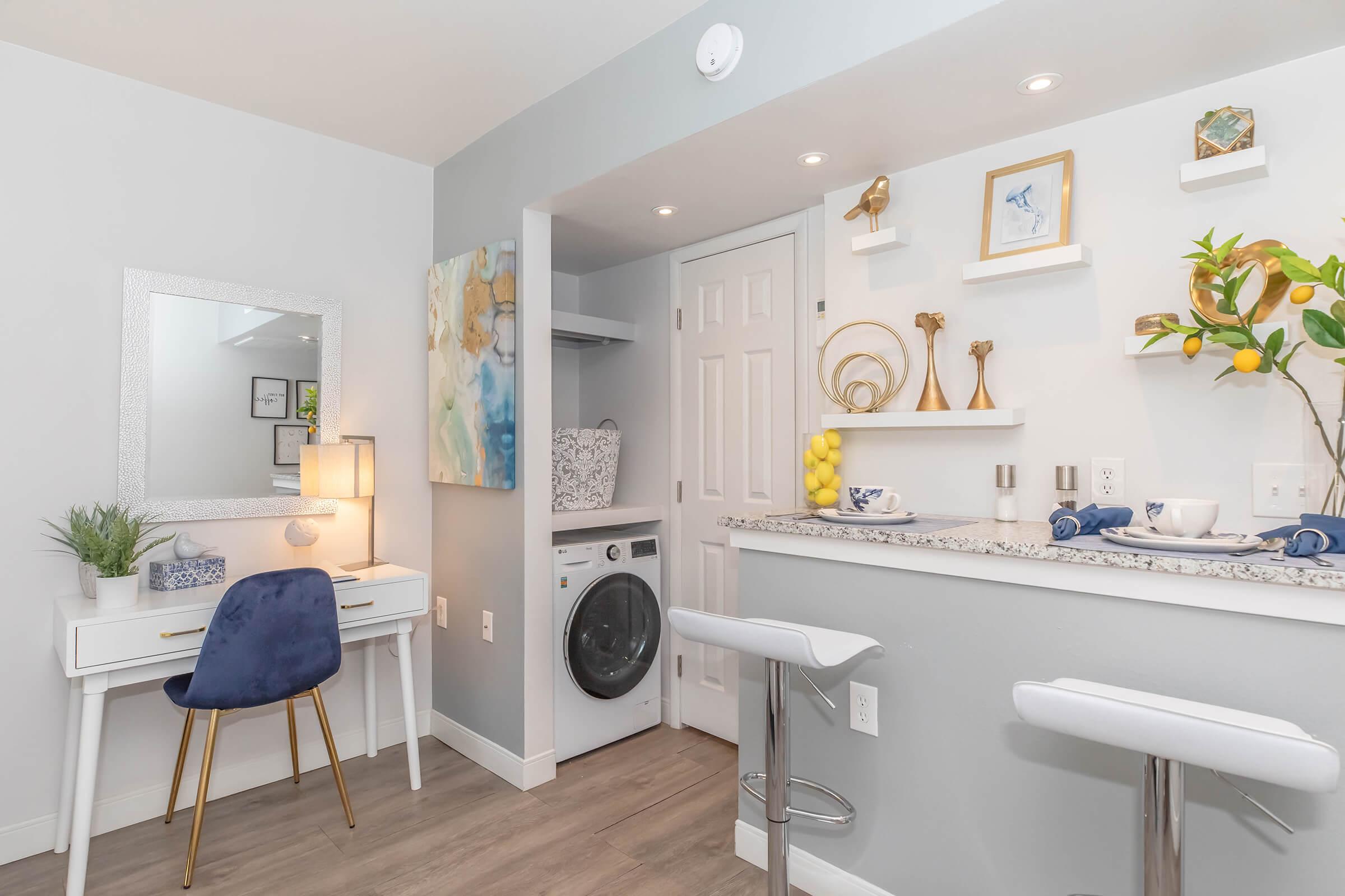 Studio kitchen area with seating