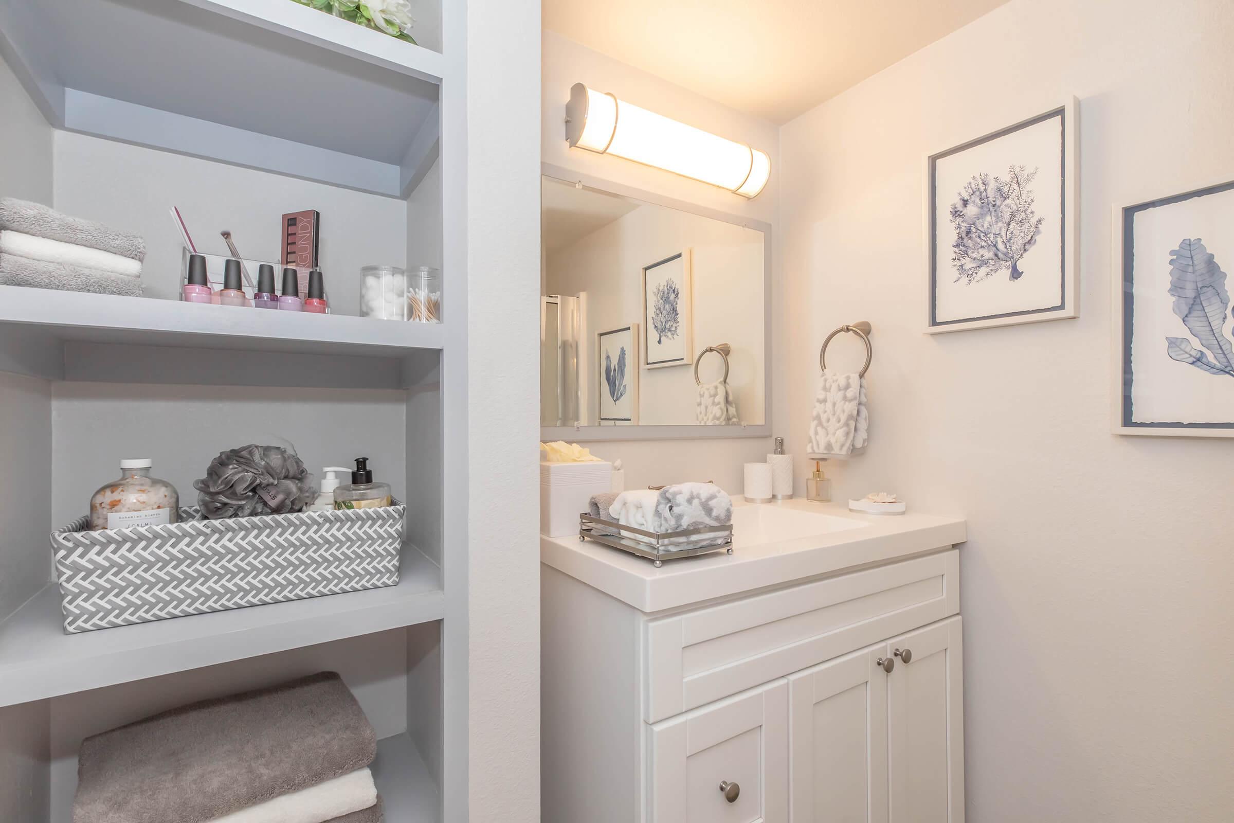 Studio bathroom shelving and countertop with sink area