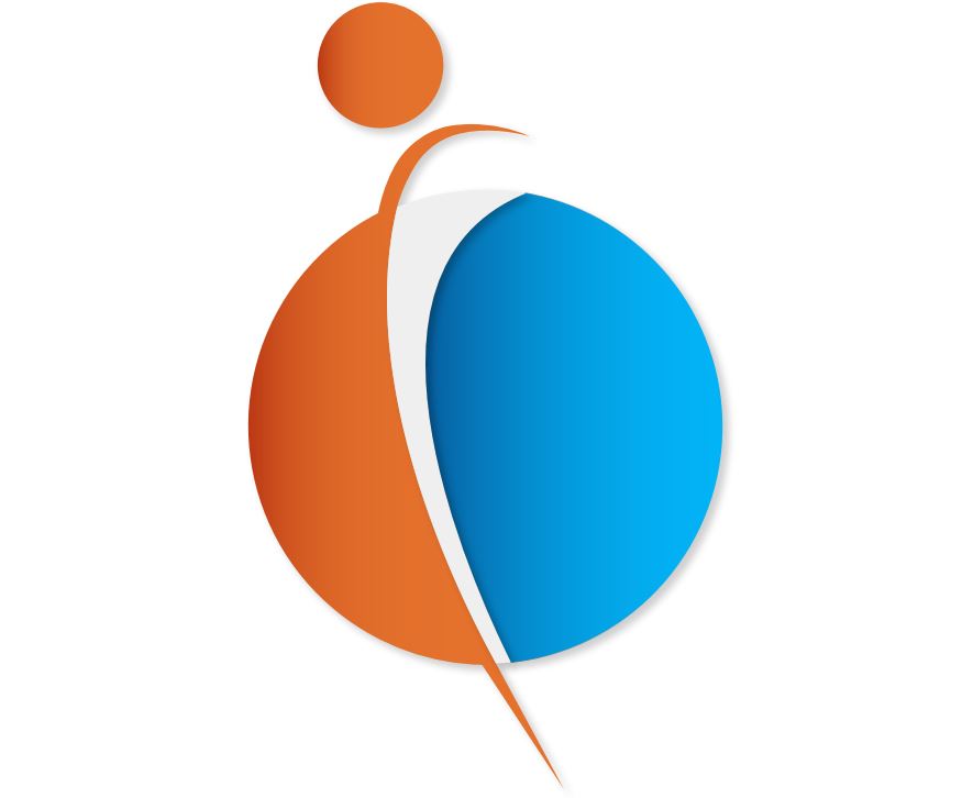 Abstract figure in orange and blue with a circle head and two overlapping circles forming the body.