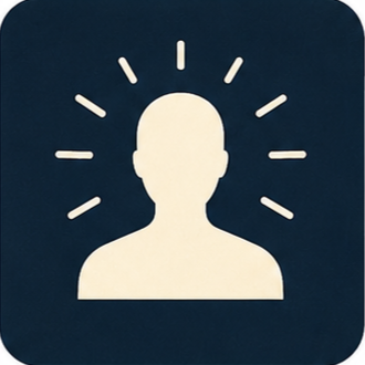 Icon of a person silhouette with rays radiating outward on a dark blue background.