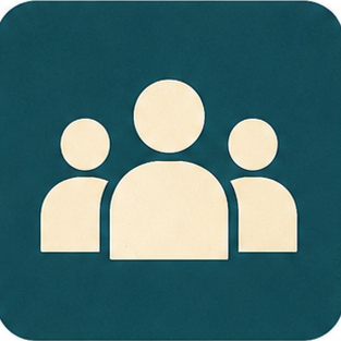 Icon of three cream-colored abstract people on a teal background representing community or group.