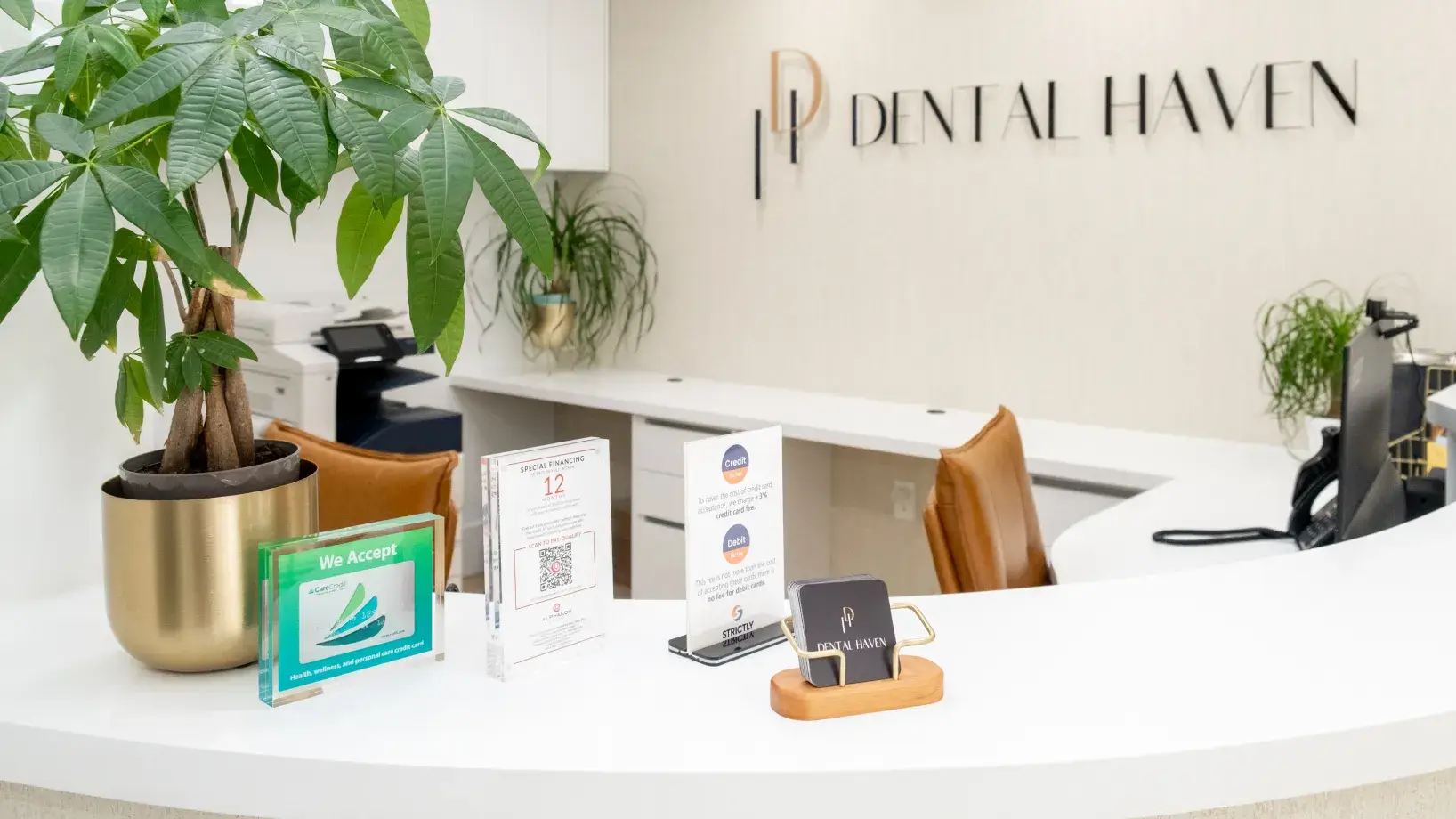 Dental reception desk with plants, brochures, and a sign reading "Dental Haven."