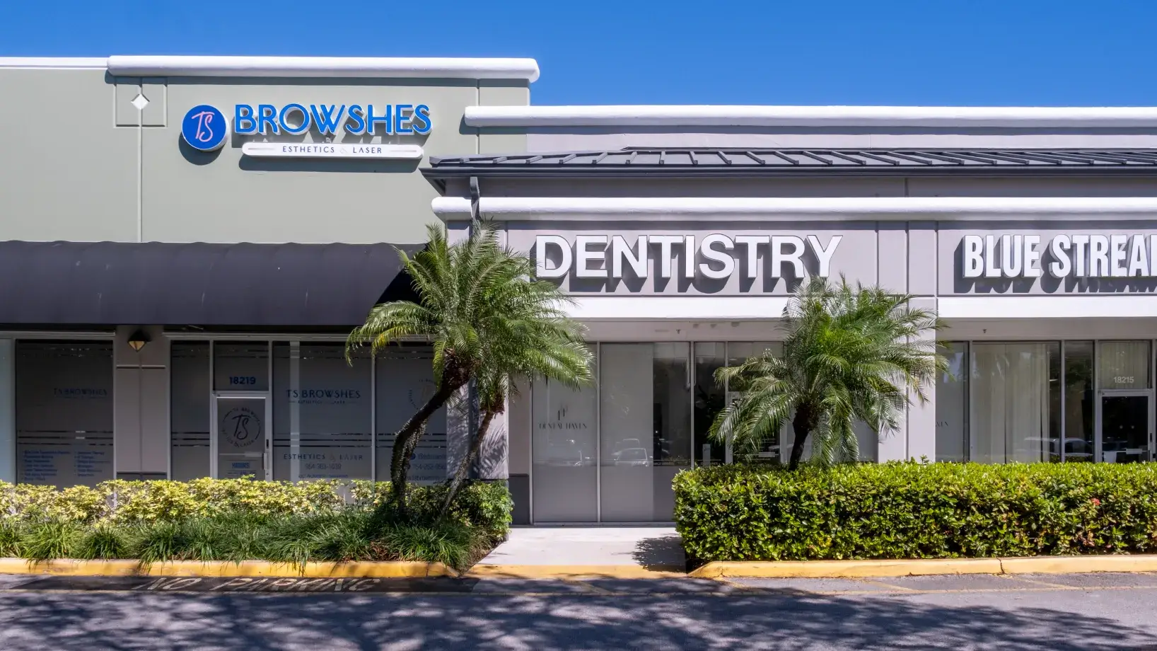 Front view of a dentistry and eyebrow salon with palm trees in front.