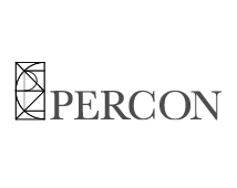 PERCON wordmark with abstract geometric logo on left in black and gray.