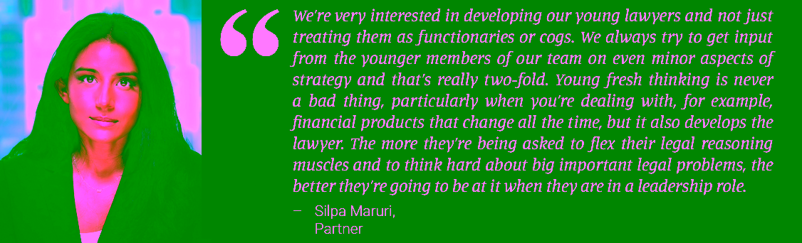 Portrait of a woman with long dark hair wearing a black blazer, next to a quote about developing young lawyers by Silpa Maruri, Partner.