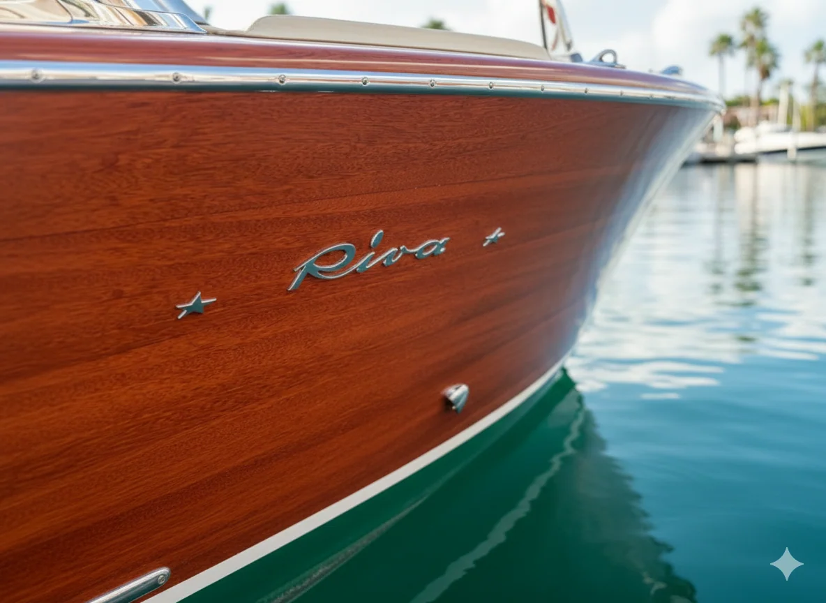 Dettaglio della fiancata in legno lucido di un Riva Ariston con scritta cromata