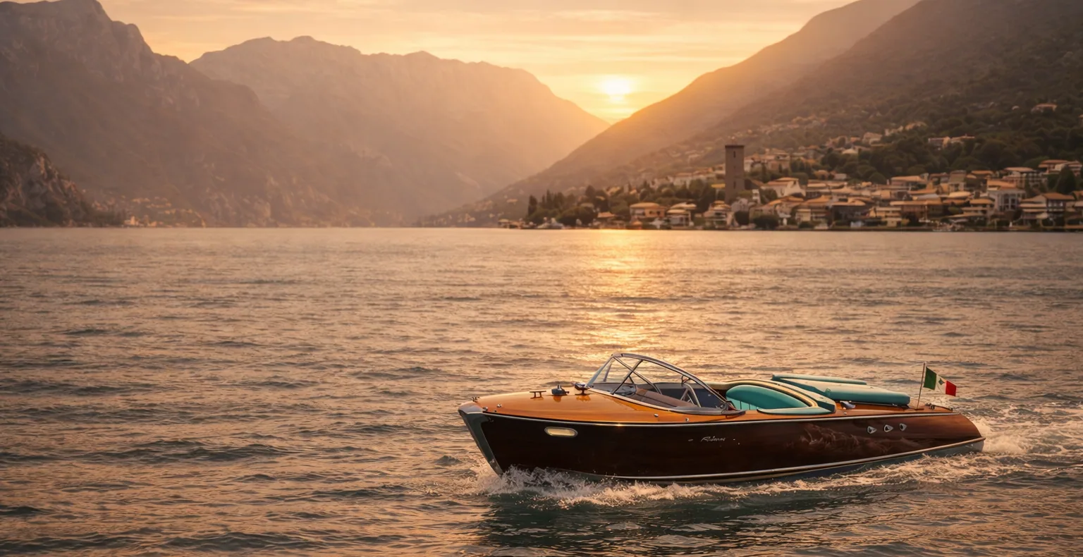 Motoscafo Riva Ariston in legno che naviga su un lago davanti a una villa sul lago di Garda