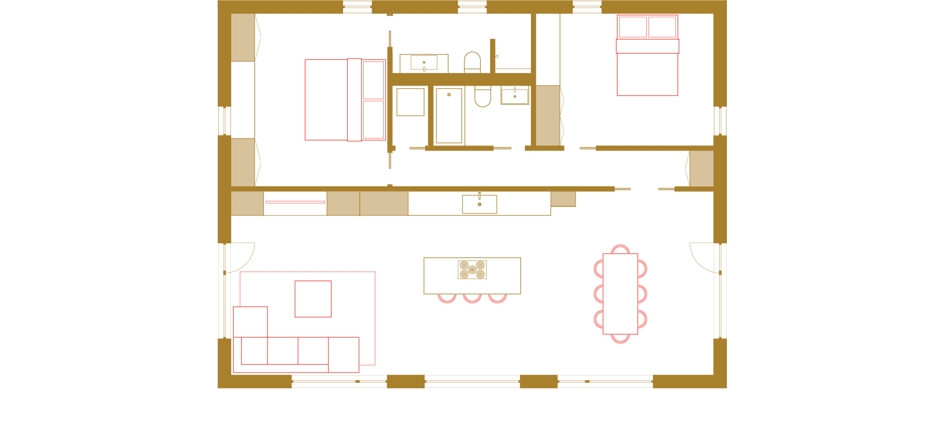 Floorplan with two bedrooms, two bathrooms, and open space with living room, dining room, and kitchen.