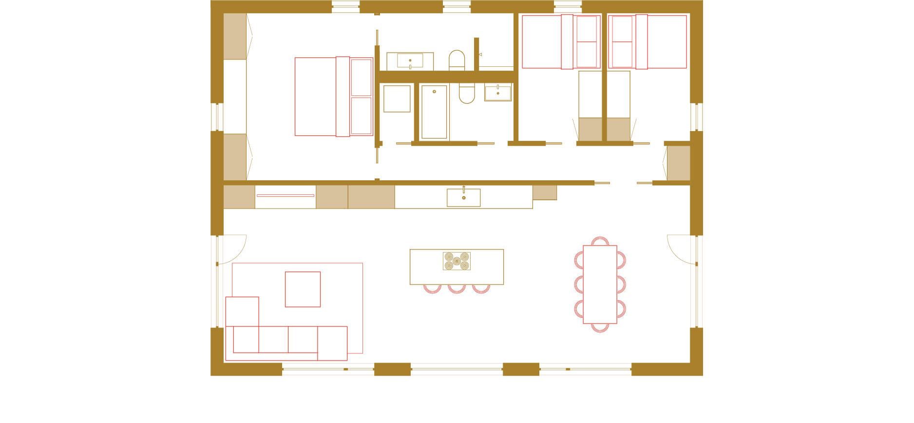 Floorplan with three bedrooms, two bathrooms, and open space with living room, dining room, and kitchen.