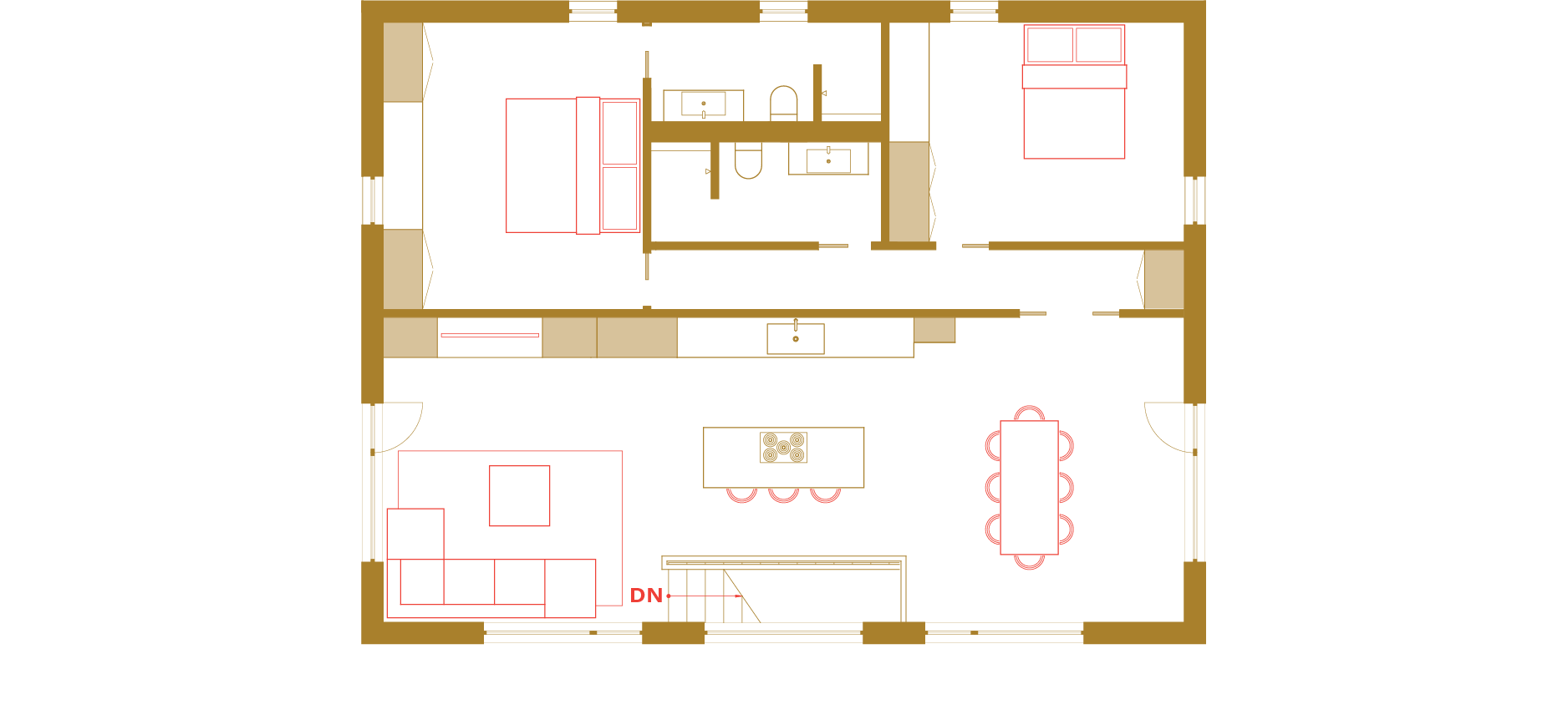 Floorplan with two bedrooms, two bathrooms, and open space with living room, dining room, and kitchen.