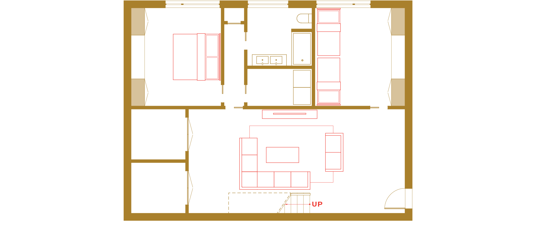 Floorplan with two bedrooms, one bathroom, and living room area with couch, seats, and tv.