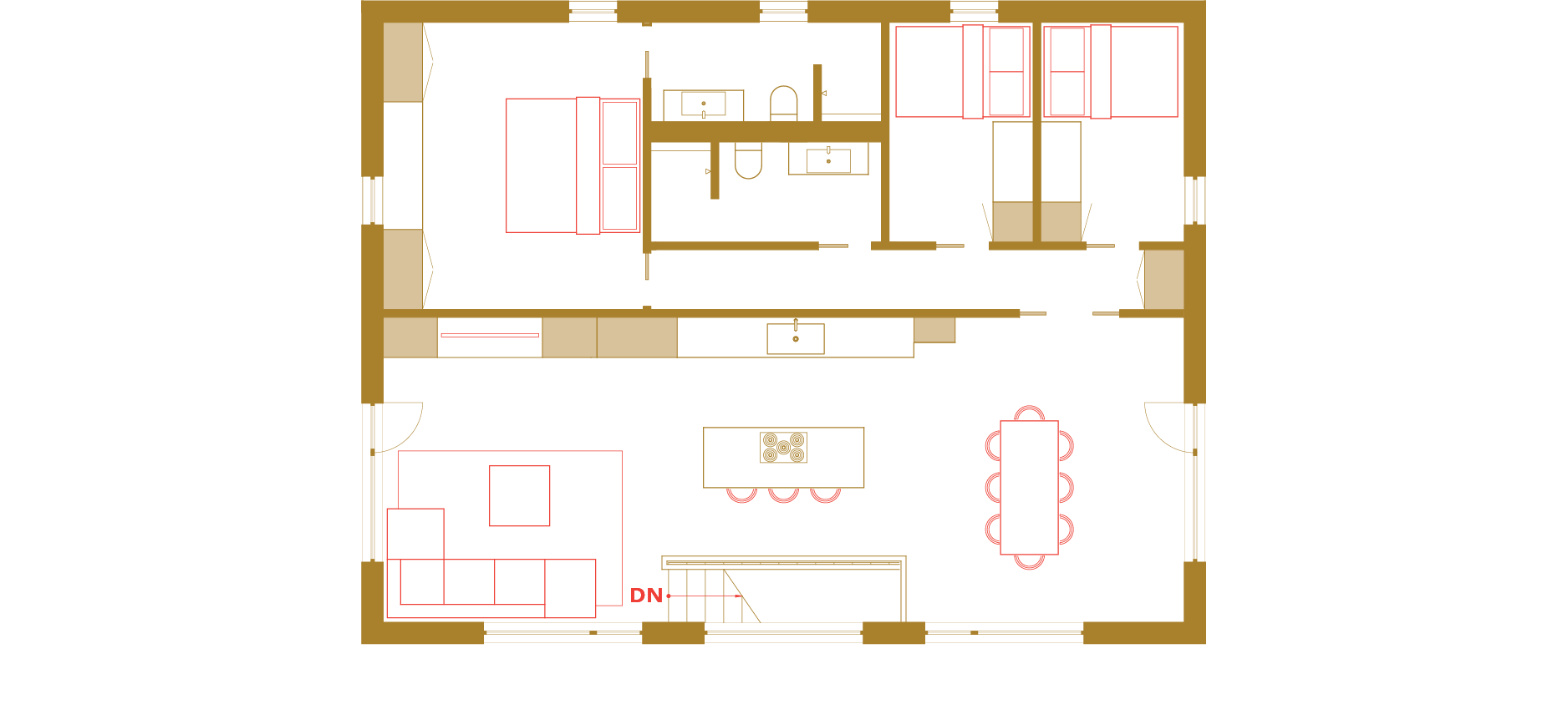 Floorplan with three bedrooms, two bathrooms, and open space with living room, dining room, and kitchen.