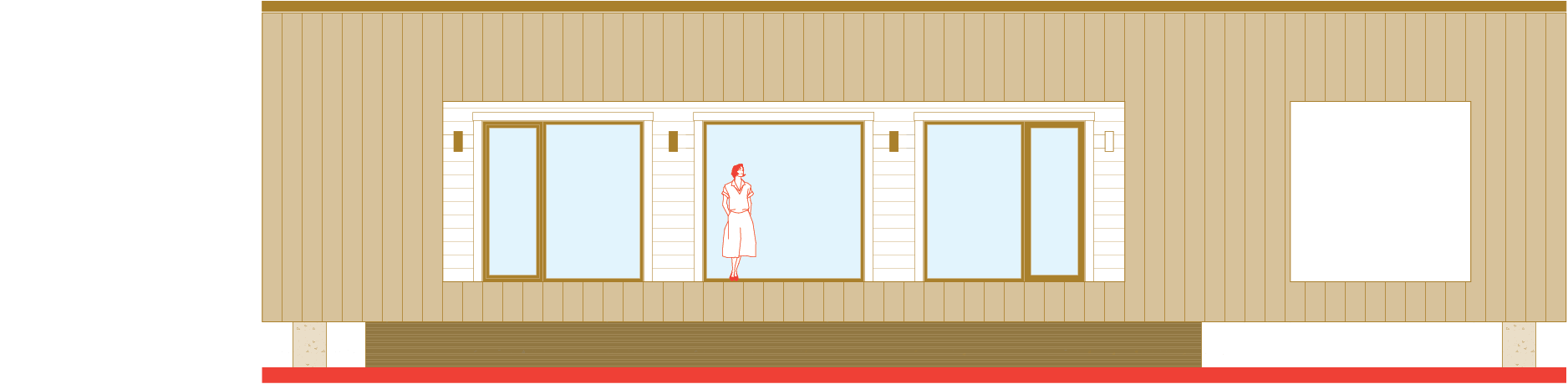 Architectural side-view of house with porch extension on right.