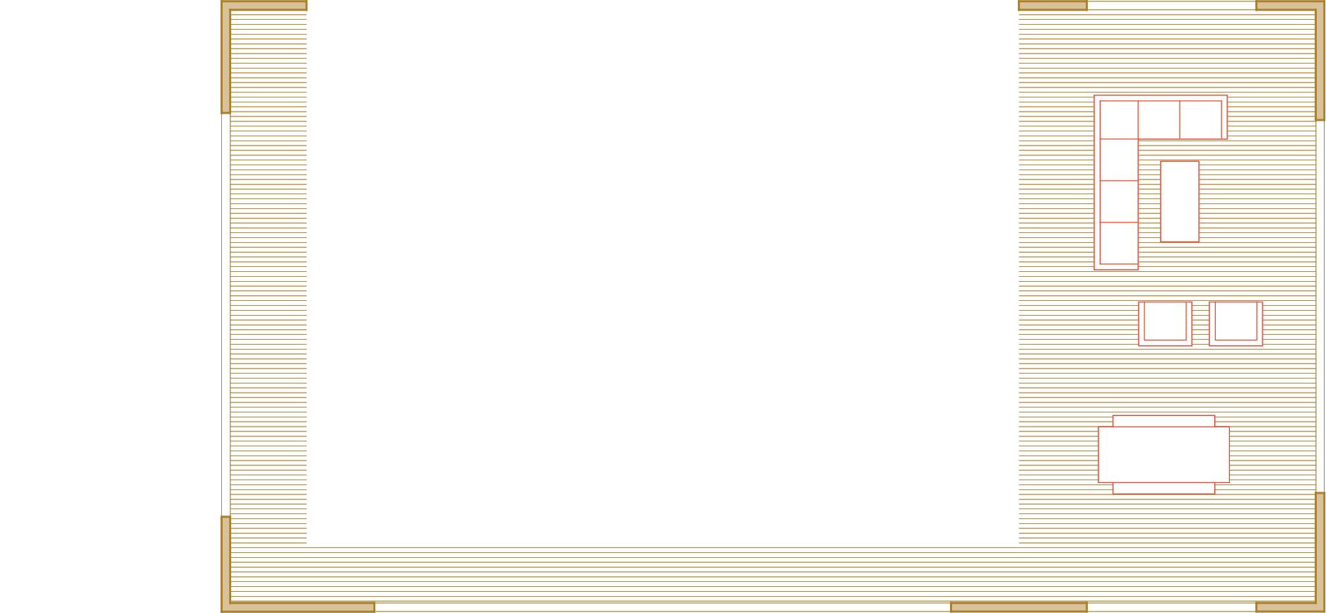 Floor plan of porch extension on right, with couch, seats, and table.