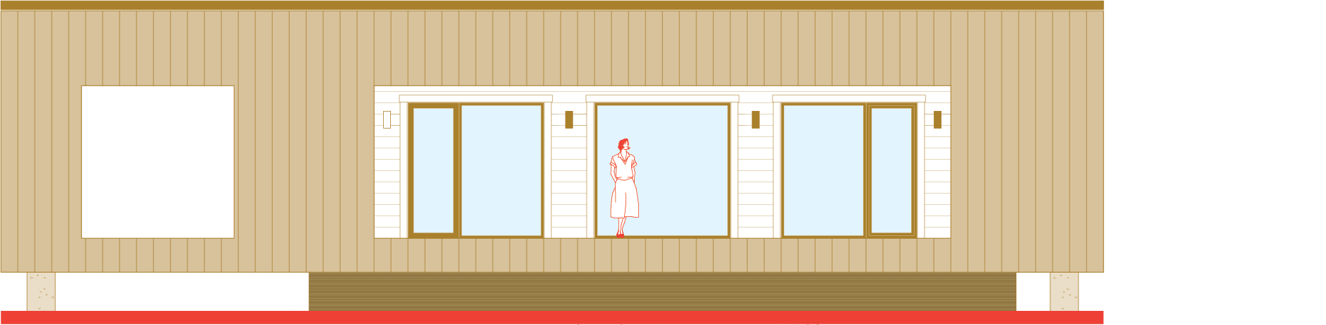 Architectural side-view of house with porch extension on left.