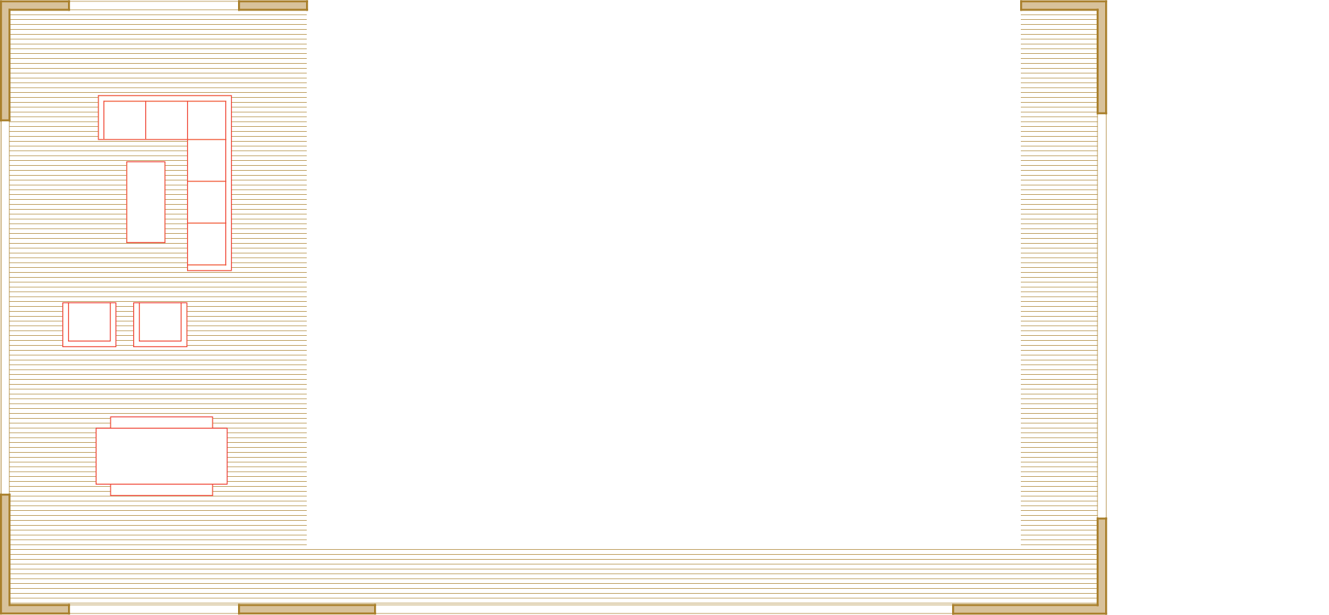 Floor plan of porch extension on left, with couch, seats, and table.