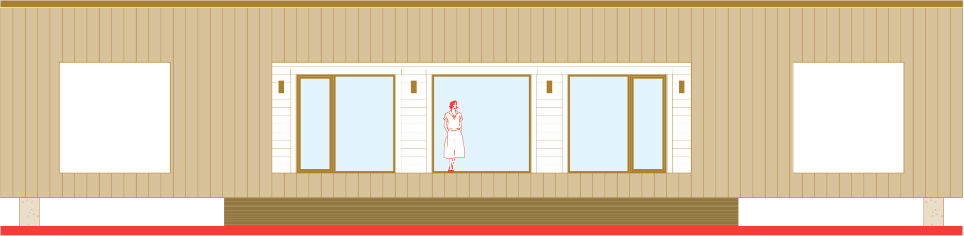 Architectural side-view of house with porch extension on left and right.