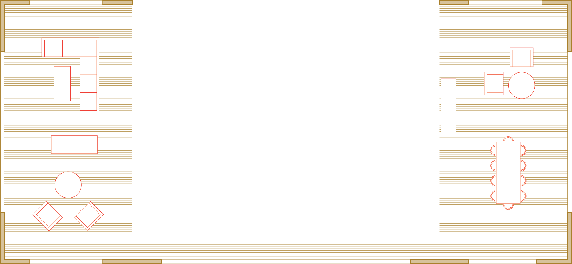 Floor plan of porch extension on left and right, with couch and seating area on left, and dinging table and seats on right.