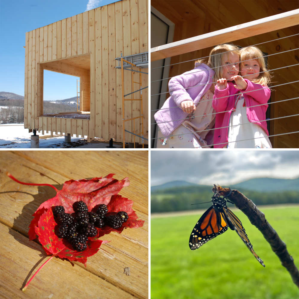 Four-photo collage showing a timber cabin under construction, two children on a balcony, berries on red leaves, and a monarch butterfly.