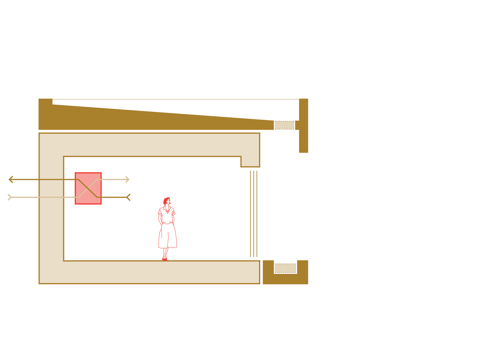 Diagram of wall-mounted ventilator with arrows showing airflow into and out of the house.