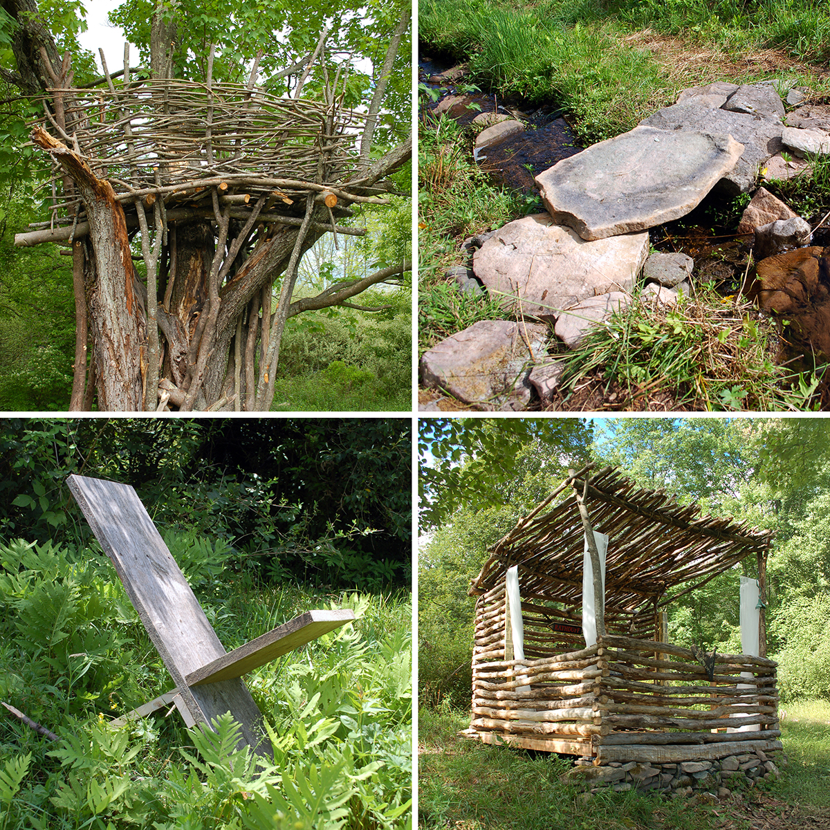 A collage of four outdoor scenes: a treehouse made of branches, a stone footbridge over a stream, a rustic wooden chair in grass, and a small open shelter built from logs and branches.