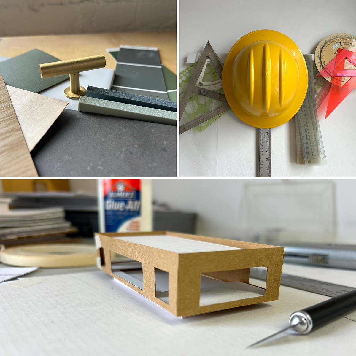 A collage with three images: material samples and a gold handle, drafting tools with a yellow hard hat, and a cardboard model of a modern building on a workspace with a craft knife.